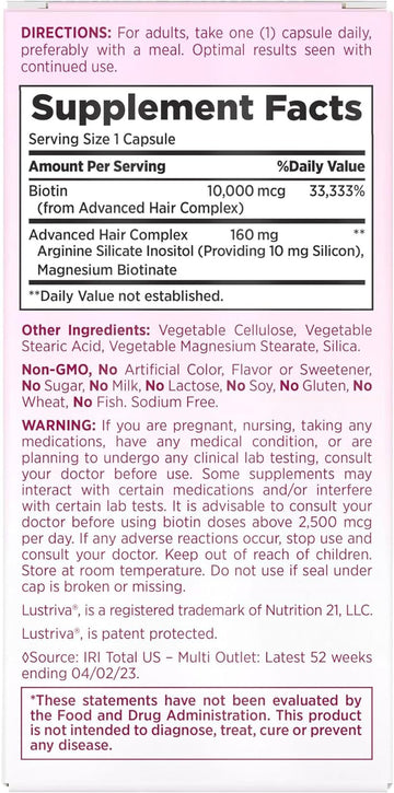 Nature's Bounty Optimal Solutions Hair Growth Supplement with Biotin, Hair Growth Vitamins with Biotin Silicon & Arginine, 1 per Day, 30 Capsules, One Month Supply