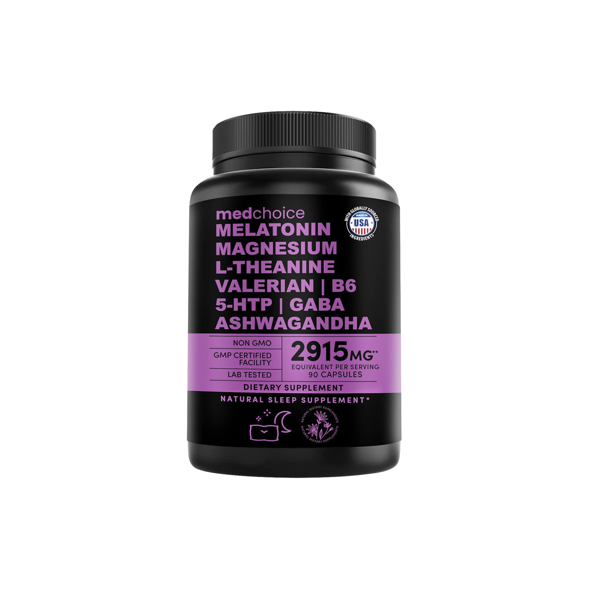 MEDCHOICE 12-In-1 Melatonin Sleep Capsules - Natural Sleep Aids for Adults with Melatonin 5Mg and Magnesium Glycinate 500Mg, Sleep Aid with Ashwagandha, L Theanine, Valerian Root, GABA, 5-HTP (90Ct, Pack of 1)