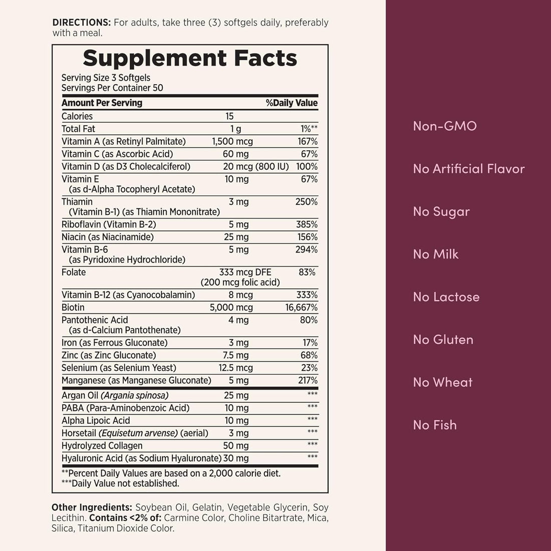 Nature's Bounty Advanced Hair, Skin & Nails, Argan-Infused Vitamin Supplement with Biotin and Hyaluronic Acid, 150 Rapid Release Softgels, 50 Total Servings