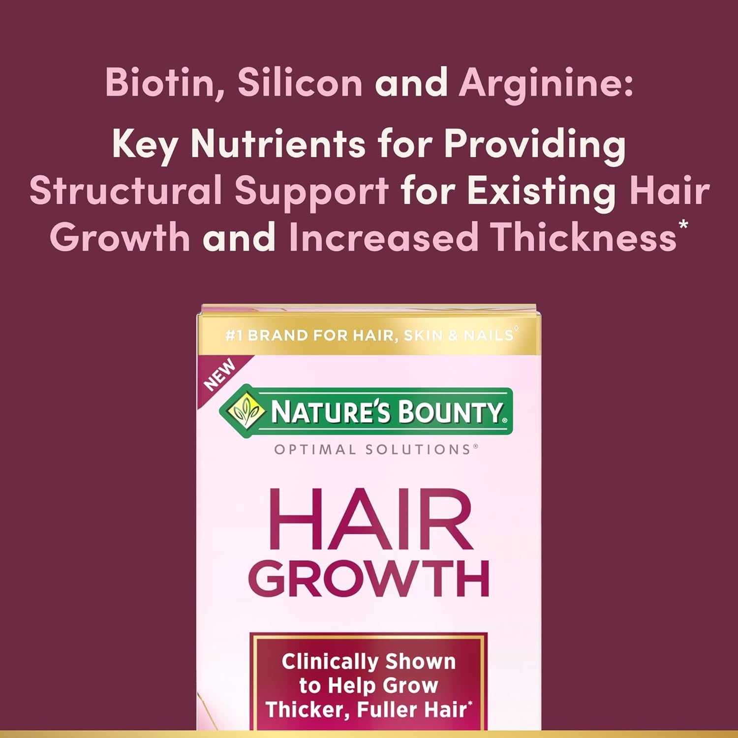 Nature's Bounty Optimal Solutions Hair Growth Supplement with Biotin, Hair Growth Vitamins with Biotin Silicon & Arginine, 1 per Day, 30 Capsules, One Month Supply
